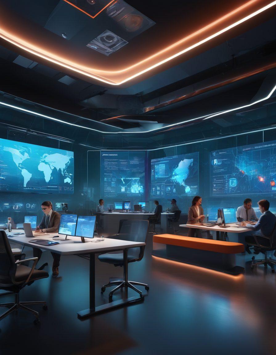 A futuristic workspace with diverse professionals analyzing digital policies on holographic screens, surrounded by floating icons symbolizing risk management (like shields, checkmarks, and warning signs). The atmosphere should feel collaborative and innovative, with warm lighting and a modern aesthetic. Elements of technology, like augmented reality and data visualization, should be prominently featured. dynamic and vibrant colors, highly detailed, 3D.