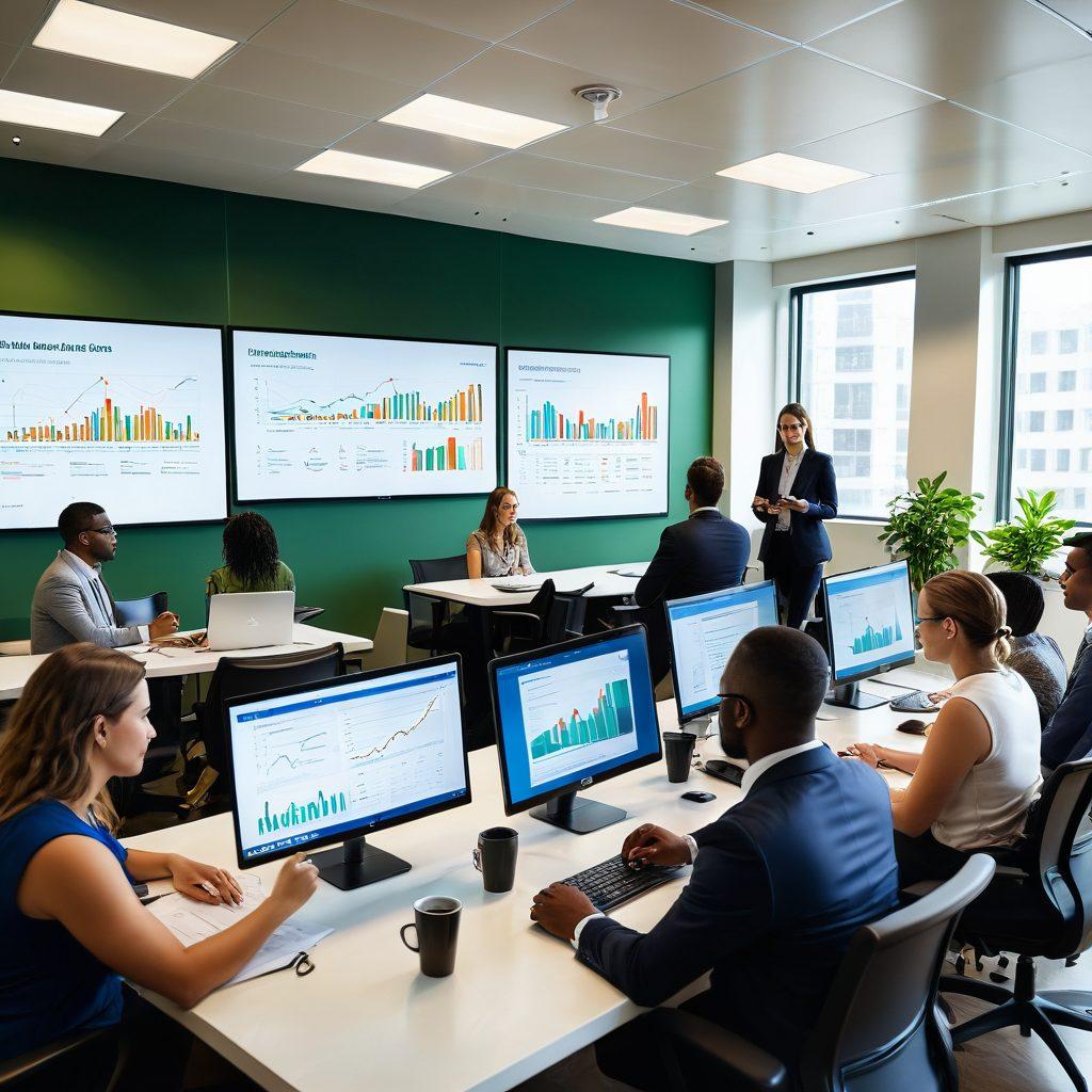 A diverse group of people sitting around a modern conference table, analyzing digital insurance documents on laptops and tablets, with charts and graphs on a large screen behind them showcasing growth and coverage options. Bright, welcoming office environment with plants and natural light. Illustrate the concept of collaboration in choosing insurance coverage. super-realistic. vibrant colors. modern corporate style.