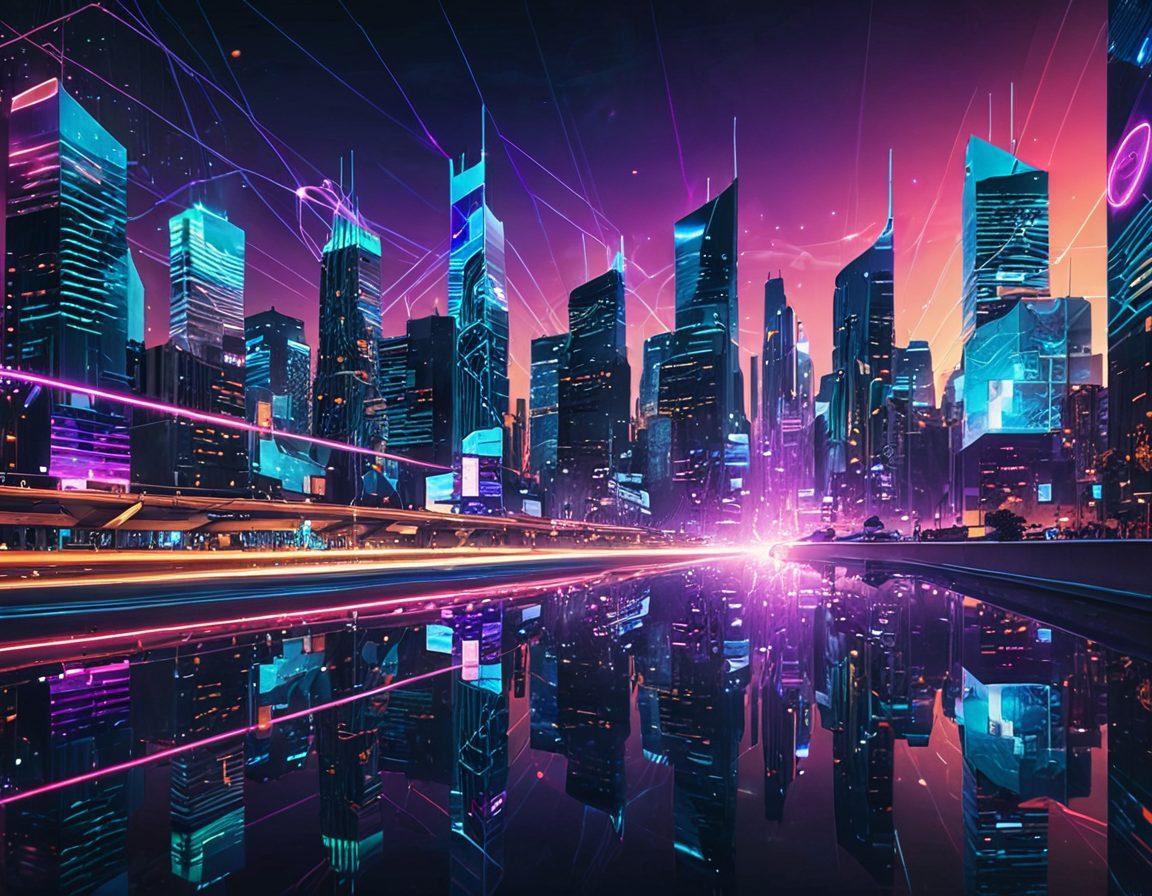 A digital collage depicting a futuristic city skyline with elements of security such as digital locks and shields. Integrate symbols of insurance like policy documents and coins, set against a vibrant, tech-inspired background. Highlight virtual connections with glowing lines and network patterns. Include a monetary theme with smooth flowing graphics combining real and virtual environments. vibrant colors. cyberpunk.